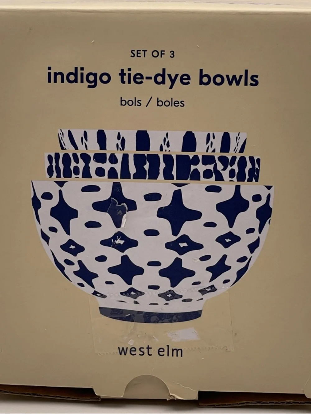 West Elm Indigo Tie Dye Nesting Bowls Set of 3 Stoneware Blue White